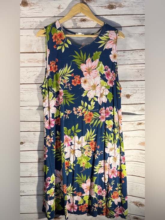 J. Jill Dresses & Skirts - J. Jill Midi Dress Sleeveless Blue Pink Floral Design Rayon and Spandex XL EUC